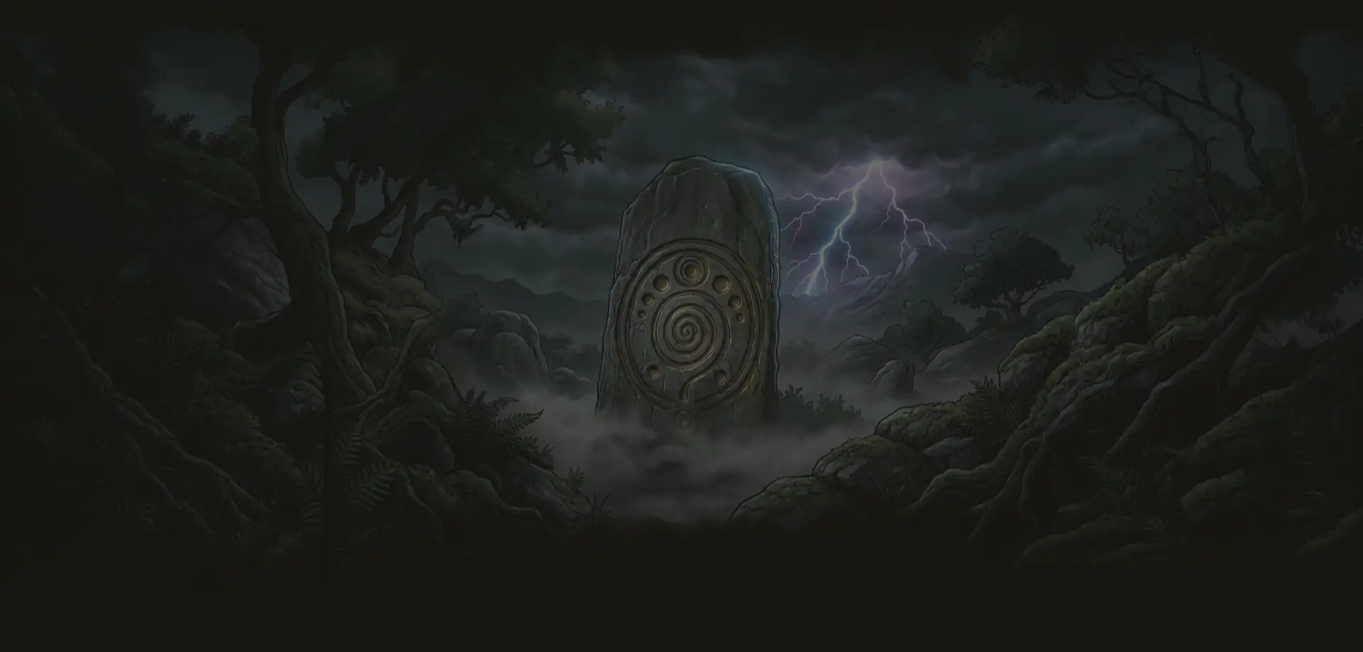 Fondo de paisaxe lendario e treboada ao lonxe